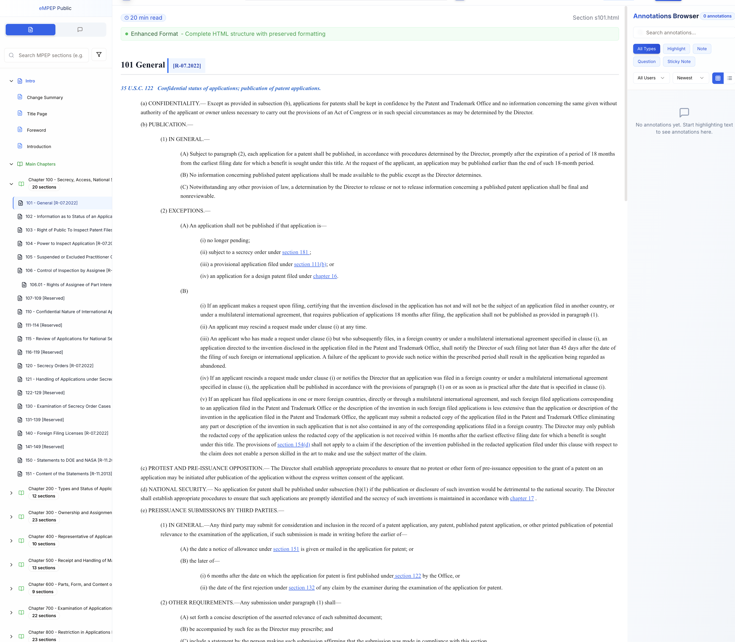 The eMPEP interface showing MPEP section 101 with its revision marker, the chapter navigation tree, and the annotations panel