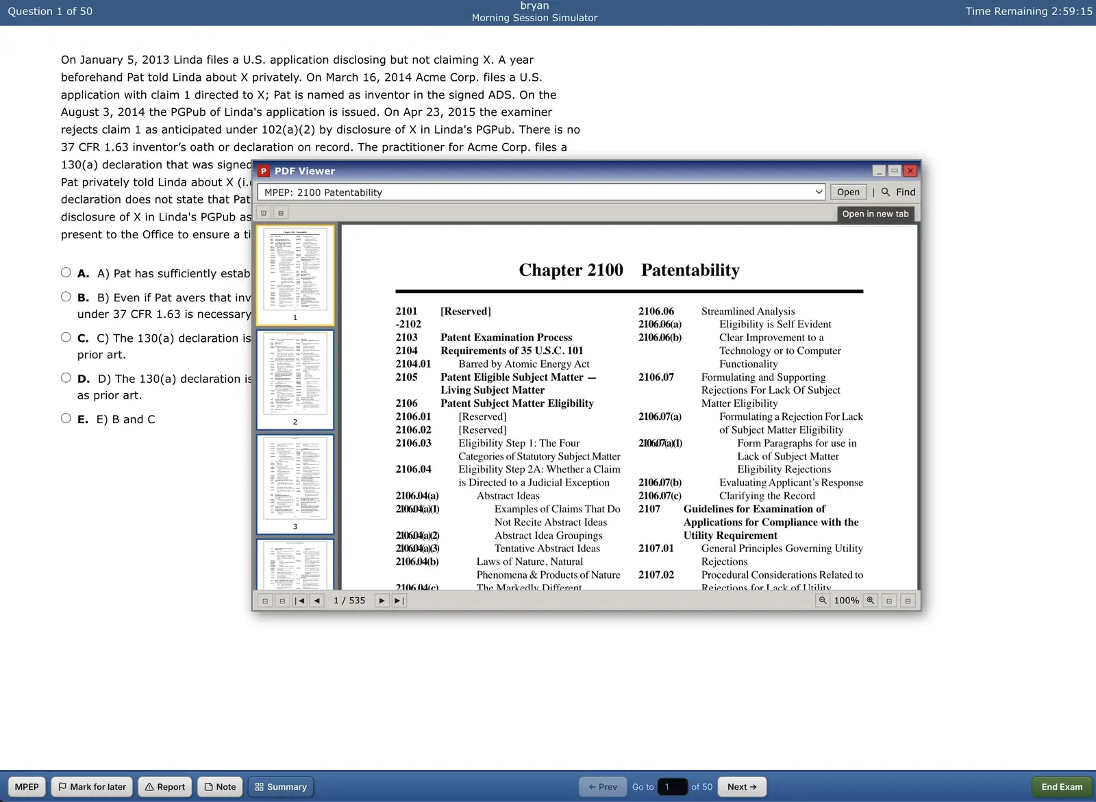 Wysebridge exam simulator — mpep reference
