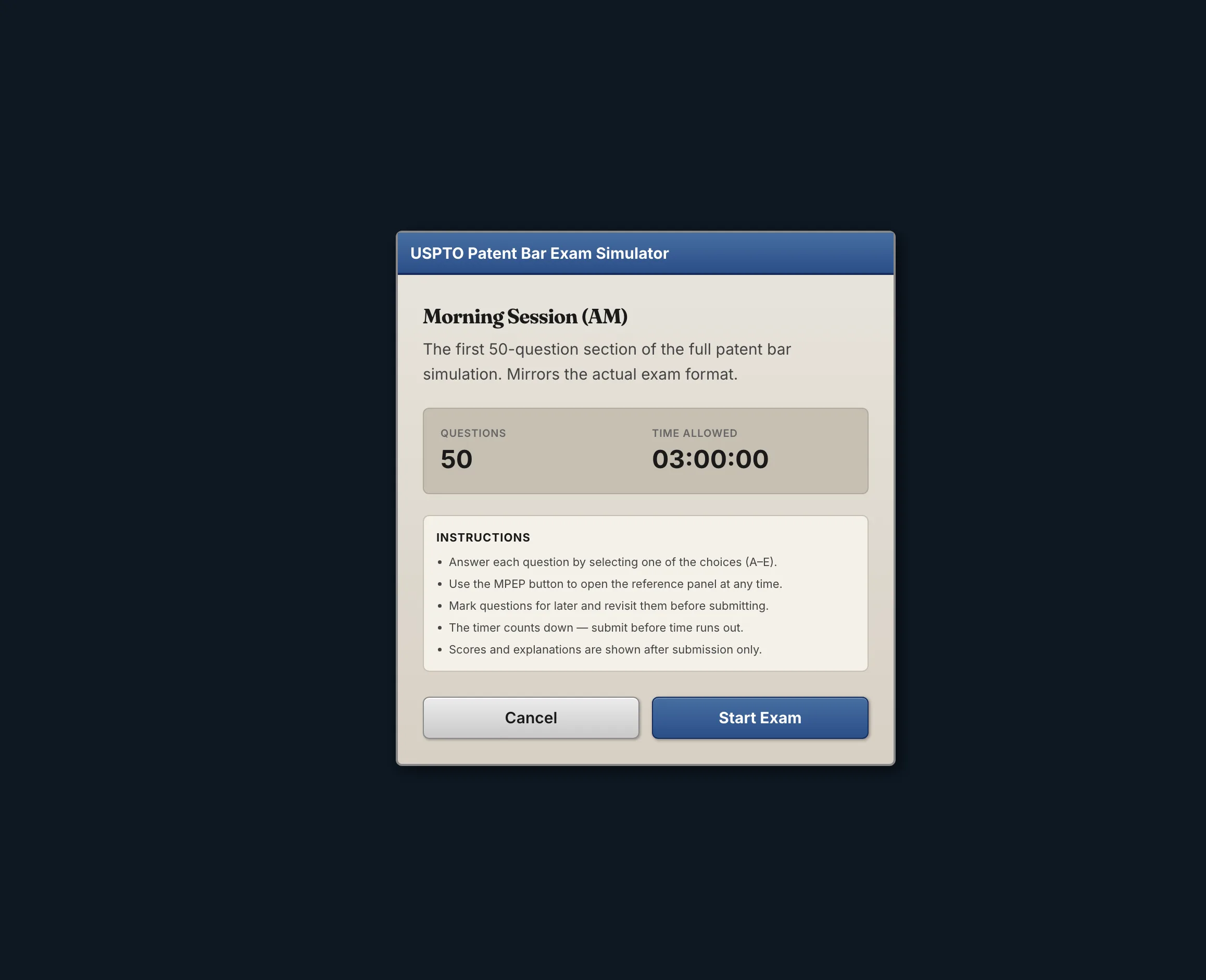 Wysebridge exam simulator — session start