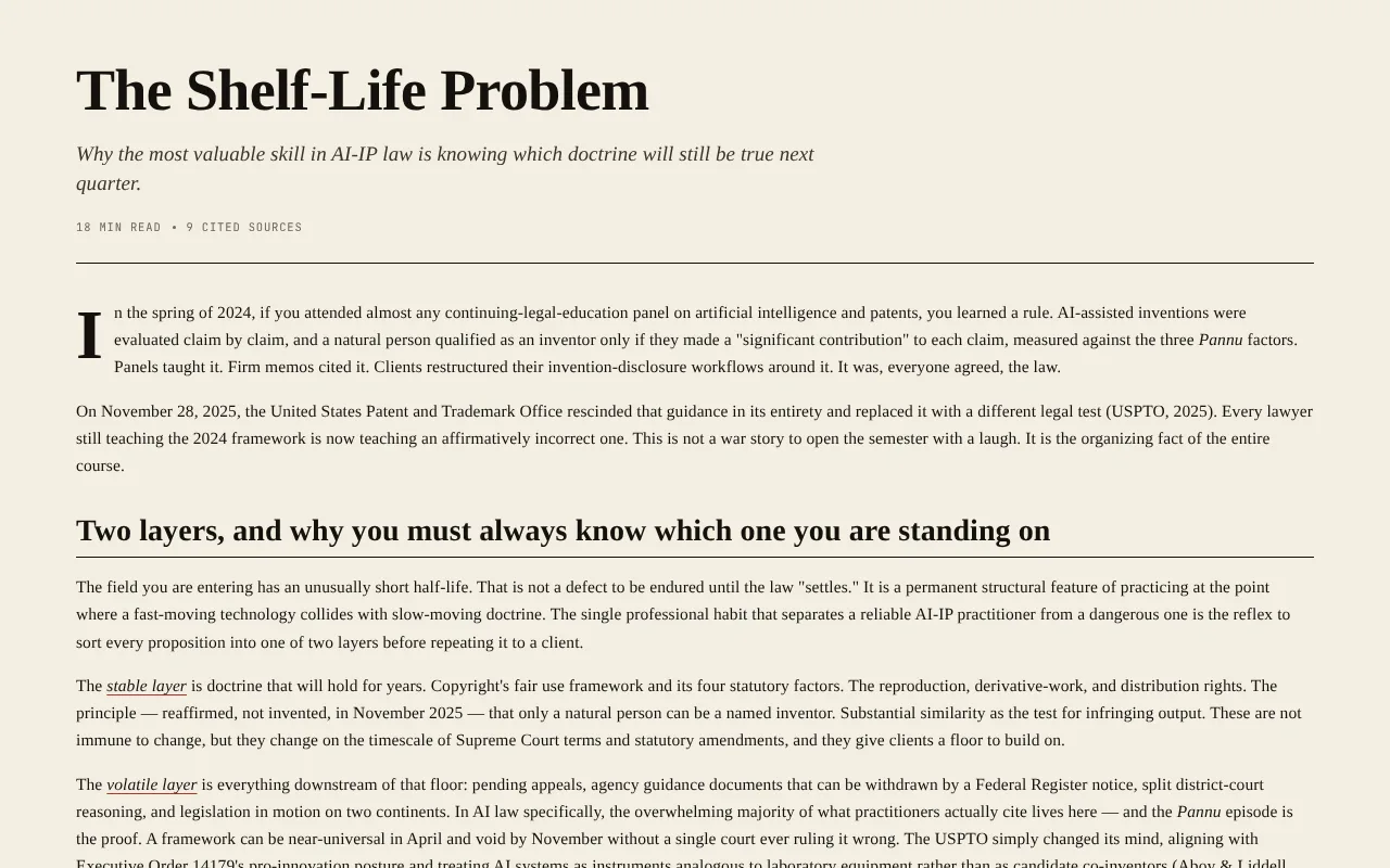 Opening of chapter 1 of the Wysebridge IP Law in the Age of AI course, titled 'The Shelf-Life Problem', marked 18 min read and 9 cited sources, with a section on the stable and volatile layers of AI-IP doctrine and a 'Think about it' prompt.