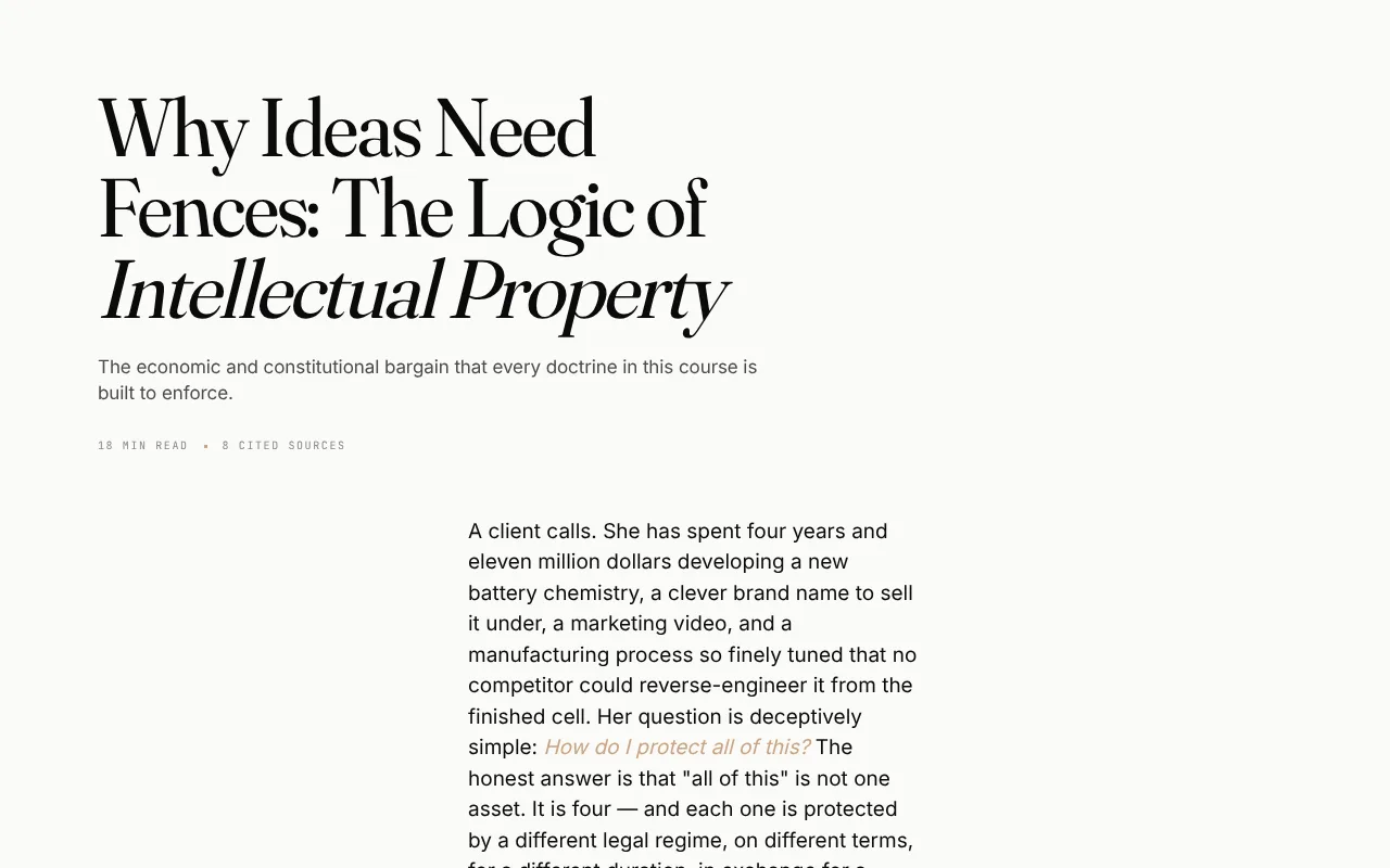 Opening of chapter 1 of the Wysebridge U.S. Intellectual Property Law course, titled 'Why Ideas Need Fences: The Logic of Intellectual Property', marked 18 min read and 8 cited sources, followed by a client scenario about protecting a battery invention, brand, video and process.