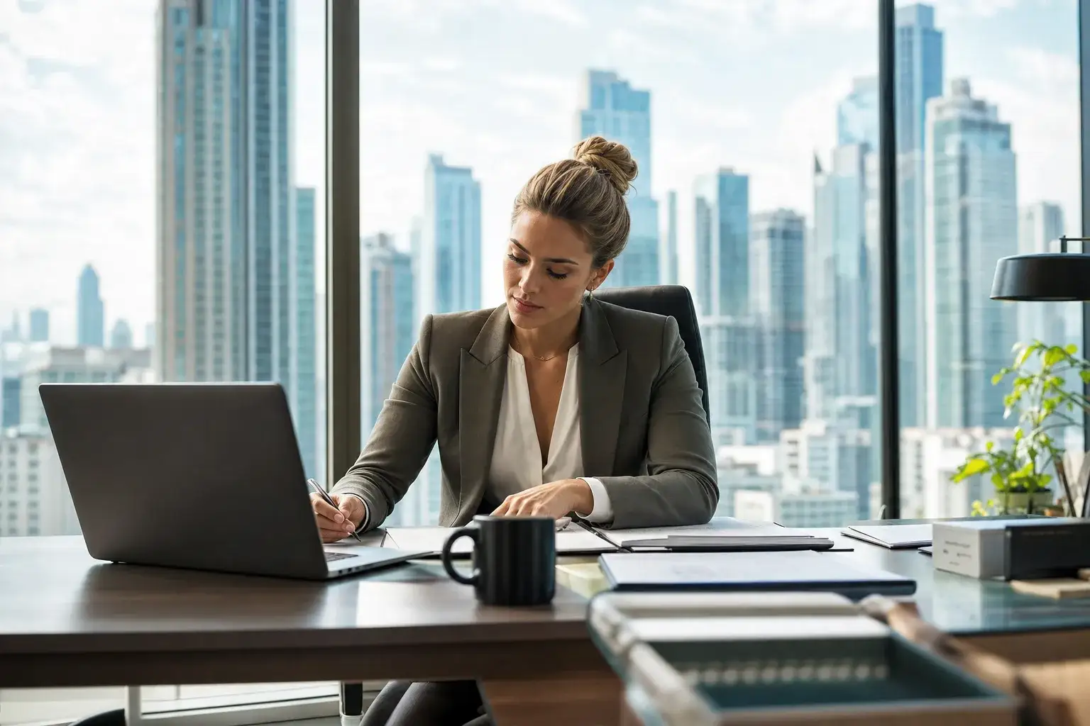 Professional studying for the patent bar exam at a desk with a city view