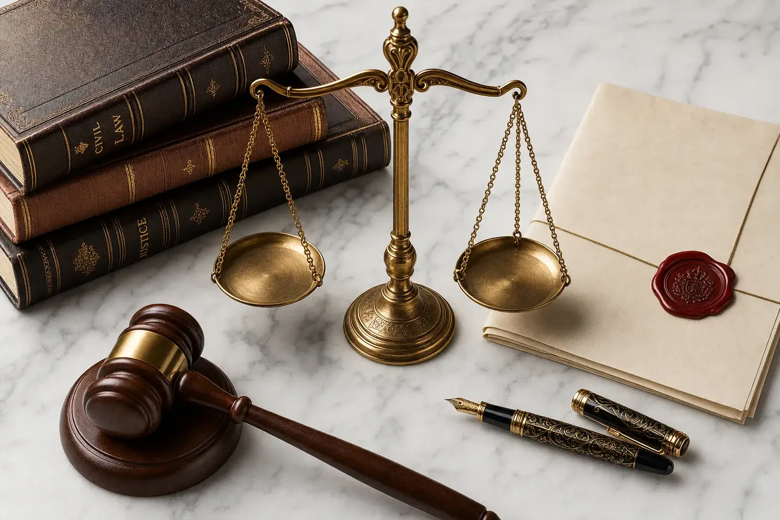 Patent law books, scales of justice and legal instruments