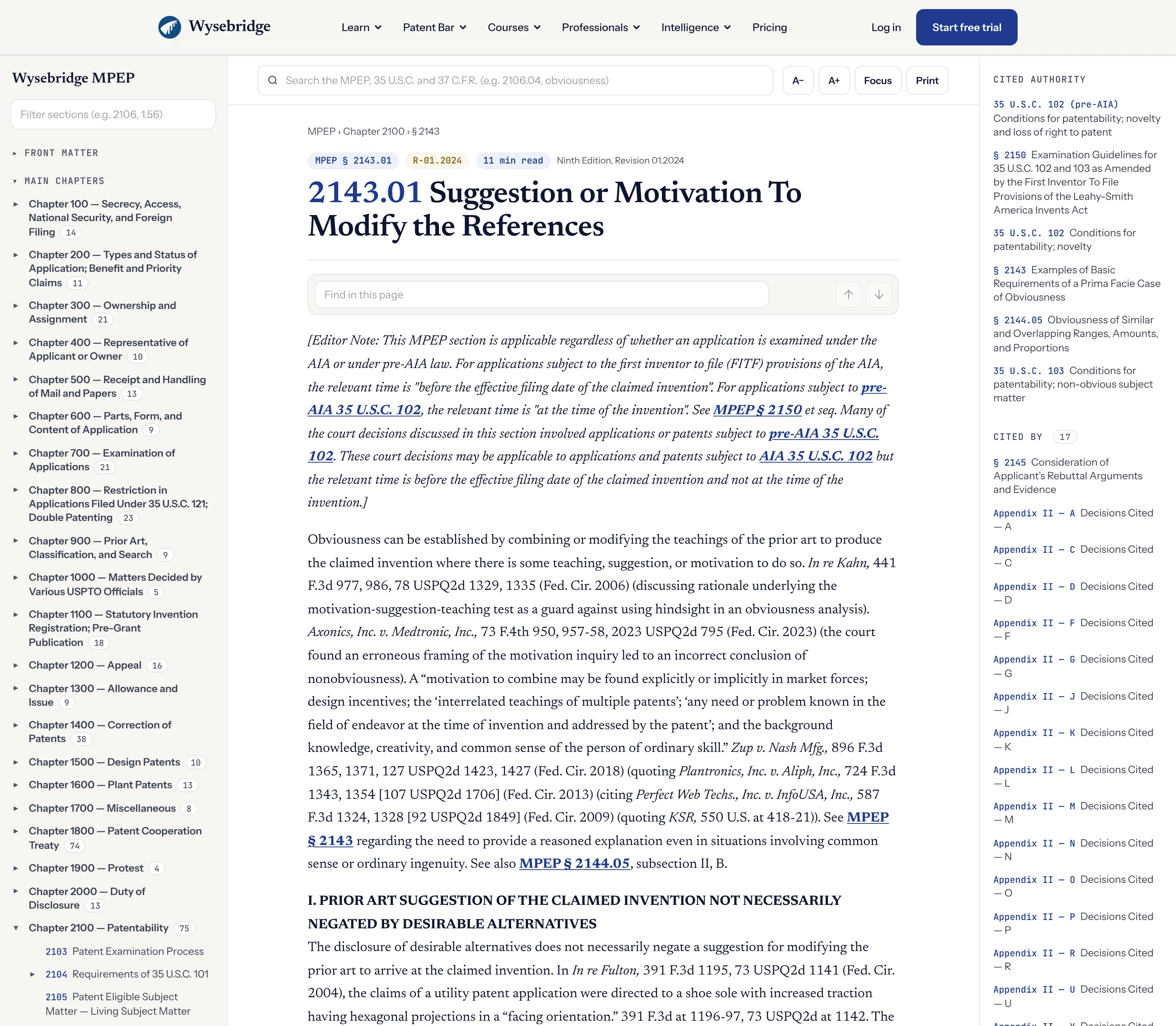 The Wysebridge MPEP reader: chapter navigator, MPEP § 2143.01 with linked citations, and its cited authority