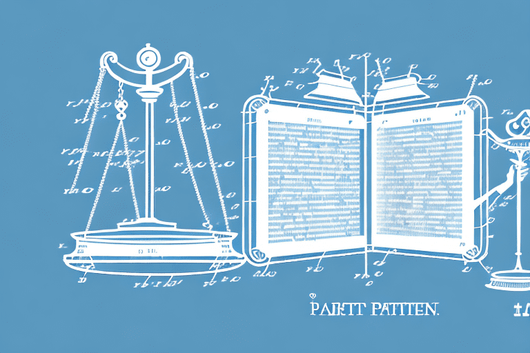 A split image showcasing a legal scale symbolizing the patent bar exam on one side