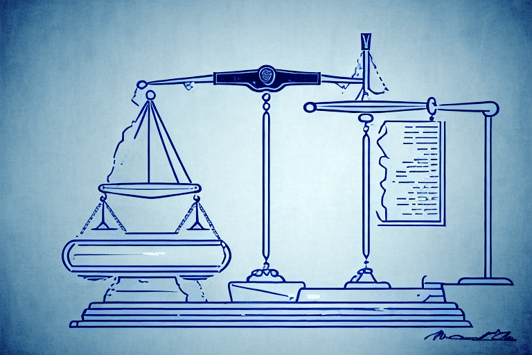A scale balancing a book with a law gavel on one side and a mortar and pestle on the other side