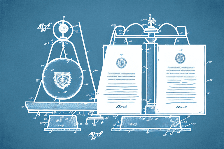 A scale balancing a document symbolizing a patent and a shield symbolizing ciac certification