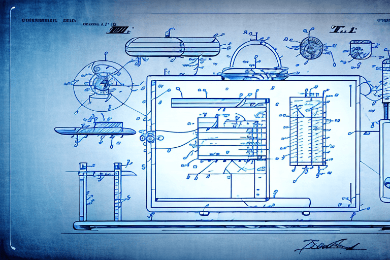 A drafting table with blueprints of an industrial design