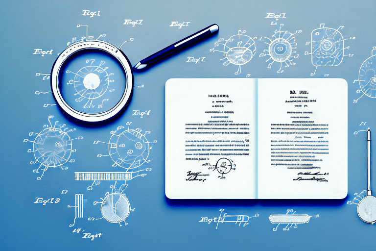 An open patent document with a magnifying glass hovering over it