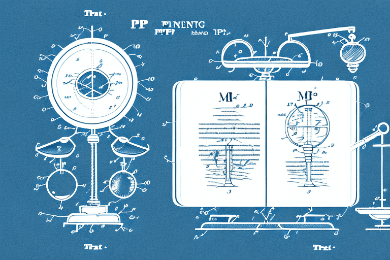 A magnifying glass hovering over a document with patent diagrams