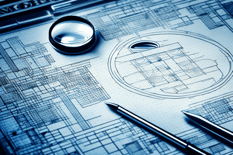 A magnifying glass hovering over a complex blueprint symbolizing a patent
