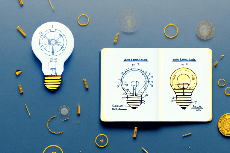 A light bulb (symbolizing an invention) surrounded by a rolled-out blueprint (representing the patent)