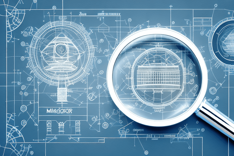 A magnifying glass hovering over a complex blueprint