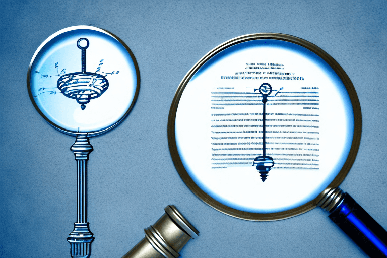 A magnifying glass hovering over a patent document with symbols of the patent bar and mpep (manual of patent examining procedure) in the background