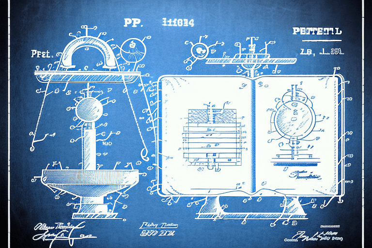 A balance scale with a patent document on one side