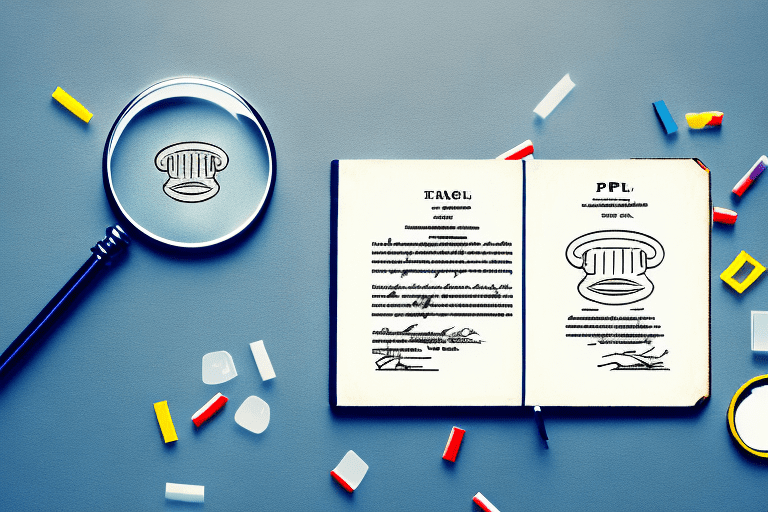 A magnifying glass hovering over a complex patent document with visible deceptive marks