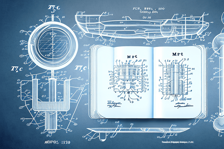 A magnifying glass hovering over a complex blueprint (representing a patent)