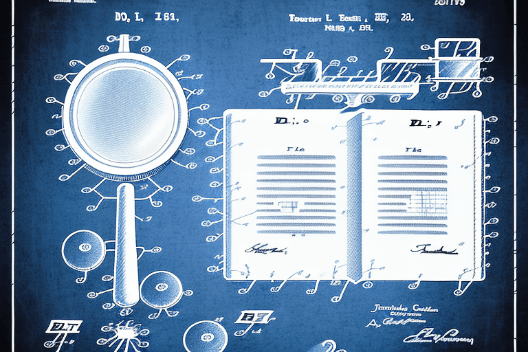 A patent document partially covered by a magnifying glass