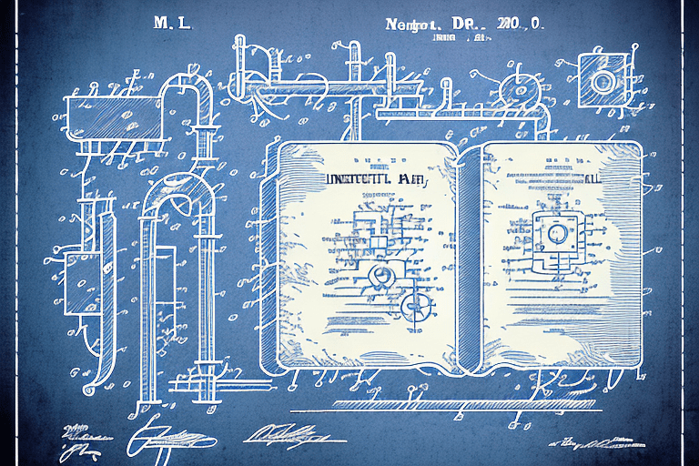 An industrial landscape with various patent-related symbols