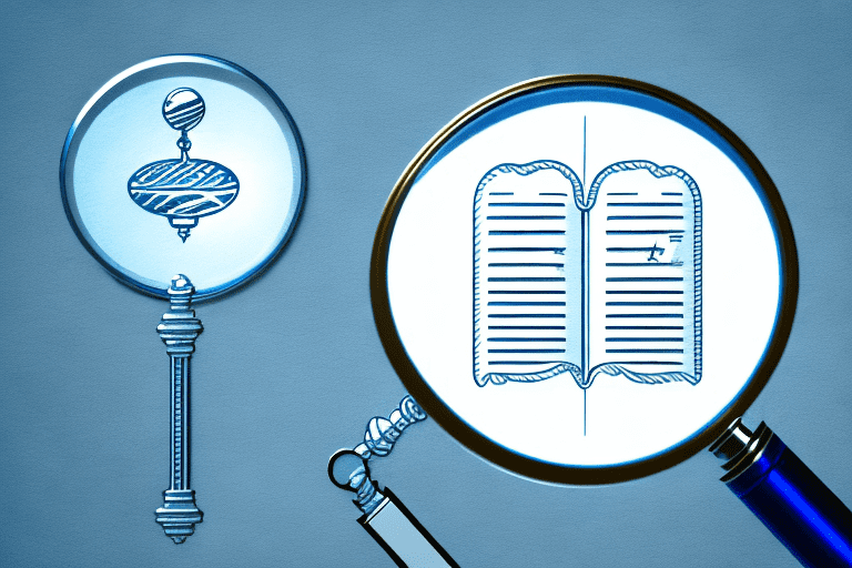 A magnifying glass hovering over an abstract representation of a patent document