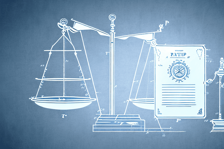 A balance scale with a patent document on one side and the mpep (manual of patent examining procedure) book on the other