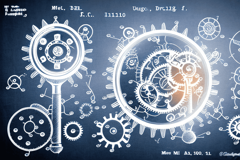 A magnifying glass hovering over a patent document with symbols of gears and tools