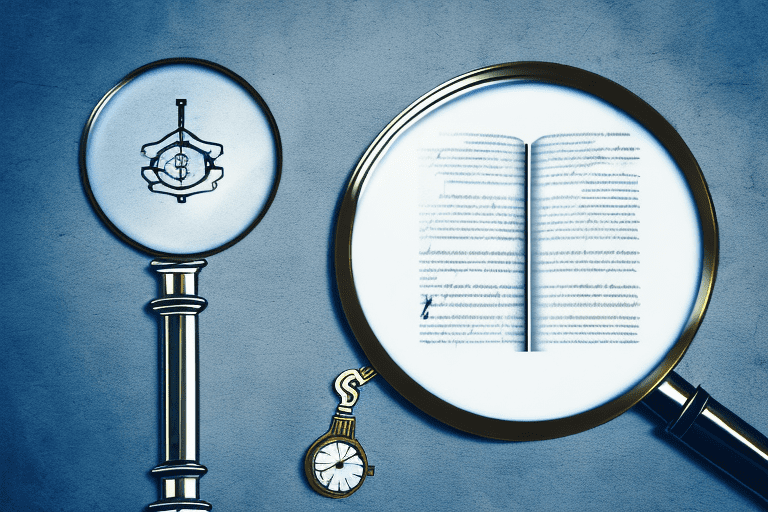 A magnifying glass hovering over a patent document with a symbol of a watch