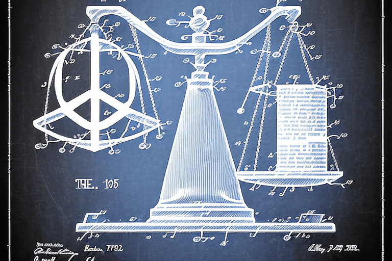 A patent document with a peace symbol overlaying it