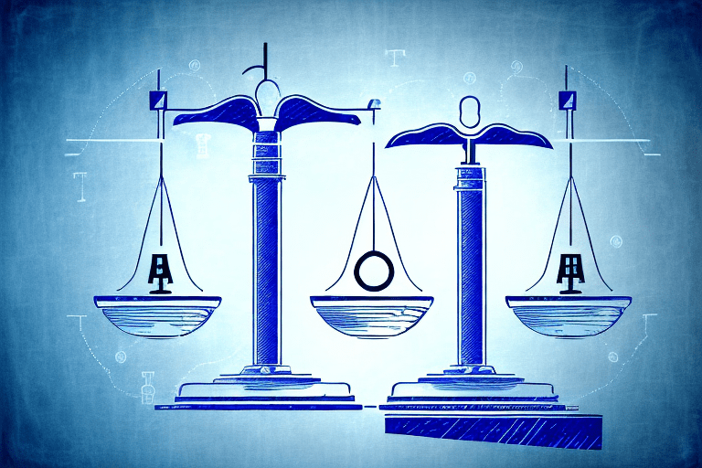 A symbolic balance scale with a patent icon on one side and a shield icon on the other