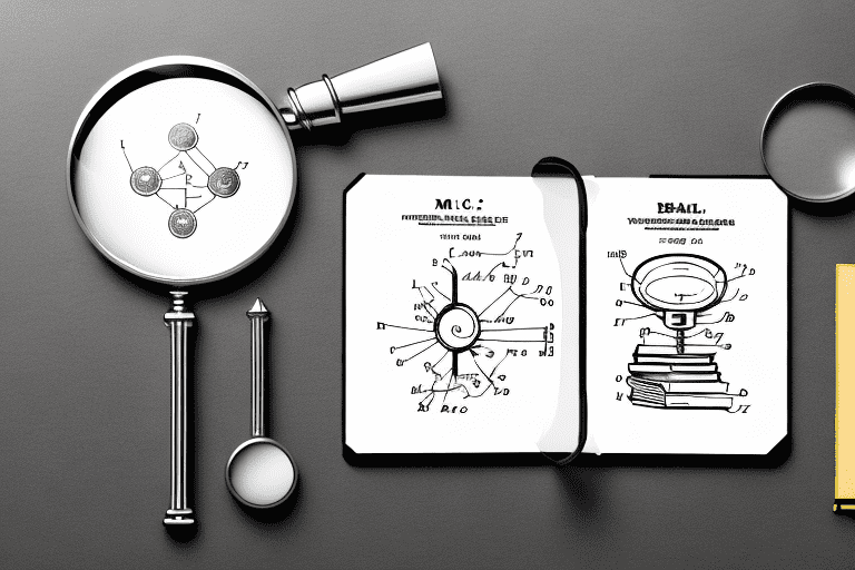 A magnifying glass hovering over a document with patent diagrams