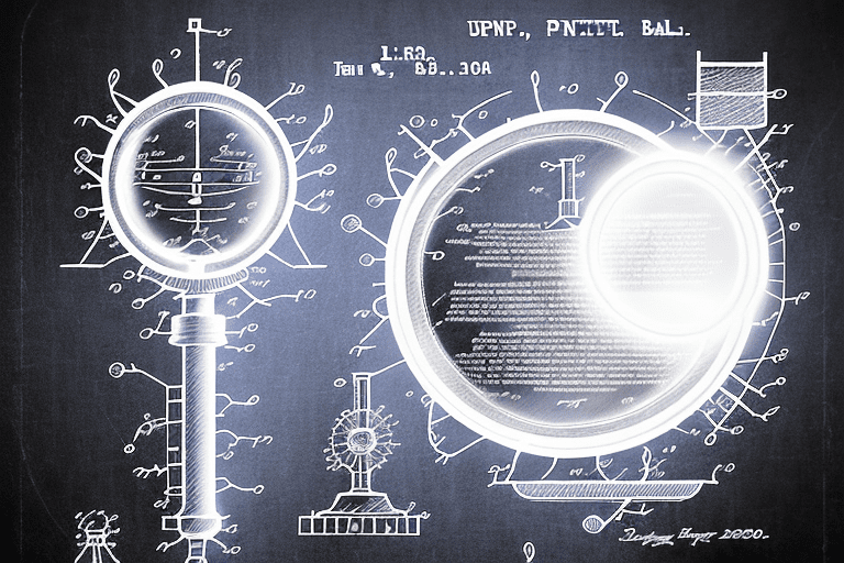 A magnifying glass hovering over a patent document with iconic patent symbols