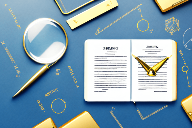 A magnifying glass hovering over a patent document and a bar of gold