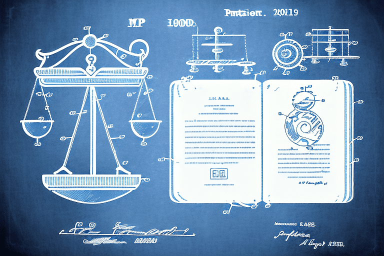 A balance scale with a patent document on one side