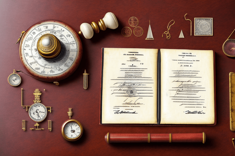 A vintage desk with a patent document