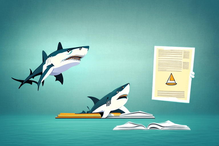 A shark swimming through a sea of patent documents and legal books