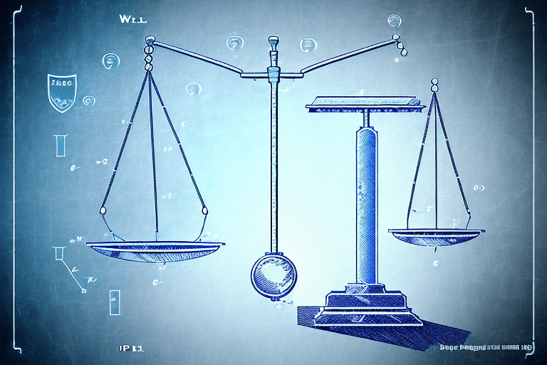 A symbolic balance scale with a patent document on one side