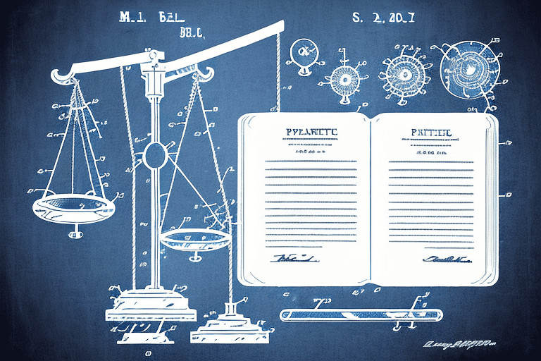 A set of balance scales with a patent document on one side