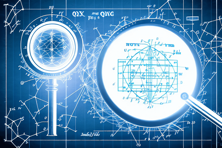 A magnifying glass hovering over a complex quantum physics diagram