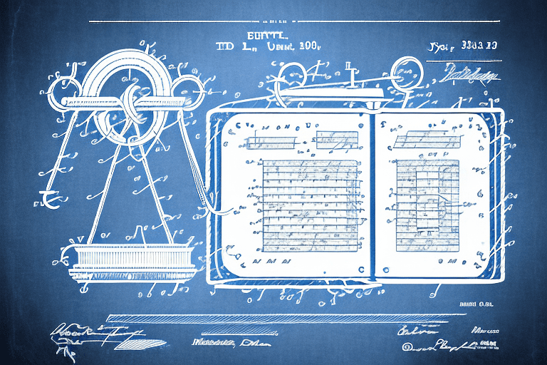 A musical score intertwined with patent documents and a symbolic representation of a bar