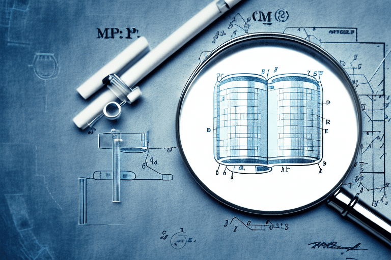 A magnifying glass hovering over a complex blueprint that represents a patent