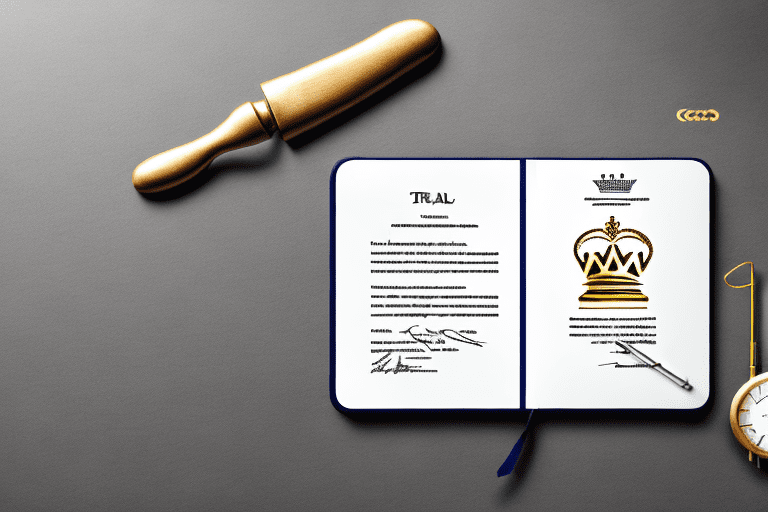 A regal crown (symbolizing royalty trust) resting on a thick book (representing the mpep) with a patent document and a bar (symbolizing the patent bar) in the background