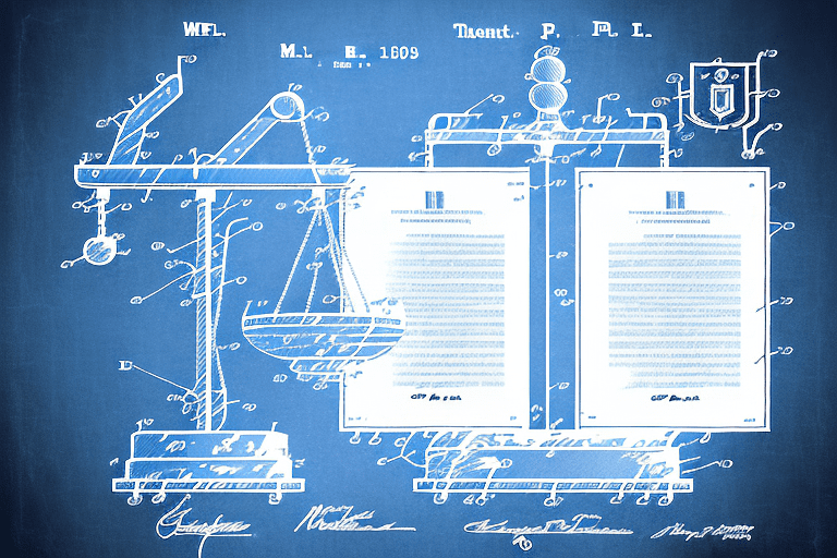 A balanced scale with a patent document on one side and the mpep (manual of patent examining procedure) on the other