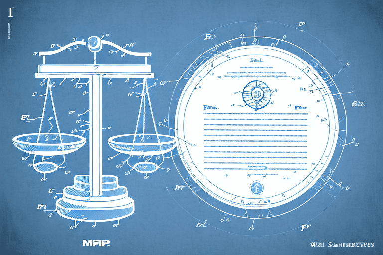 A balance scale with a patent document on one side and a symbolic representation of the mpep (manual of patent examining procedure) and the patent bar on the other