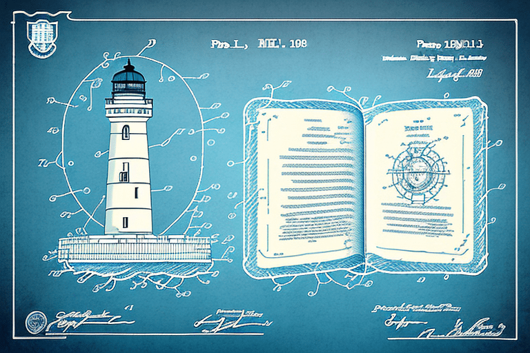 A symbolic harbor with a patent document as the lighthouse