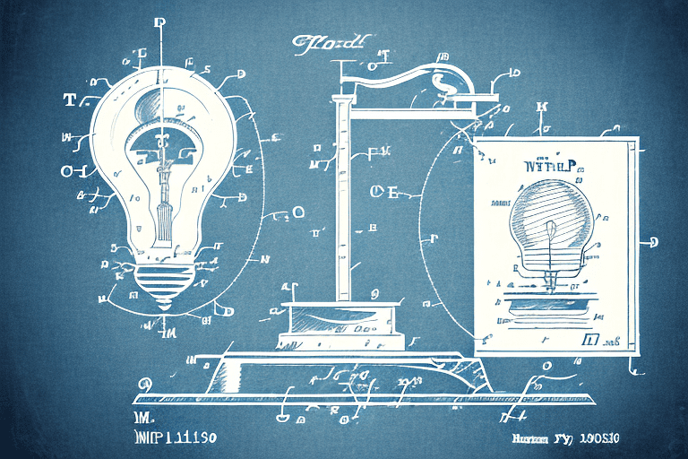 A light bulb (symbolizing invention) wrapped within a scroll (representing the patent) with a balance scale (indicating the patent bar) and a book (symbolizing the mpep) in the background