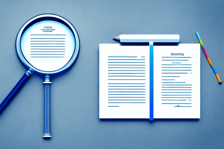 A magnifying glass hovering over a patent document with a pencil and a checklist next to it