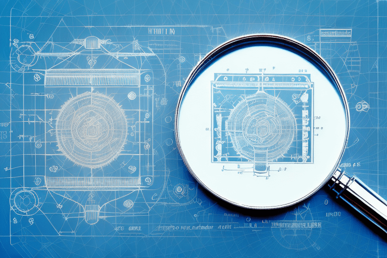 A magnifying glass hovering over a stylized blueprint