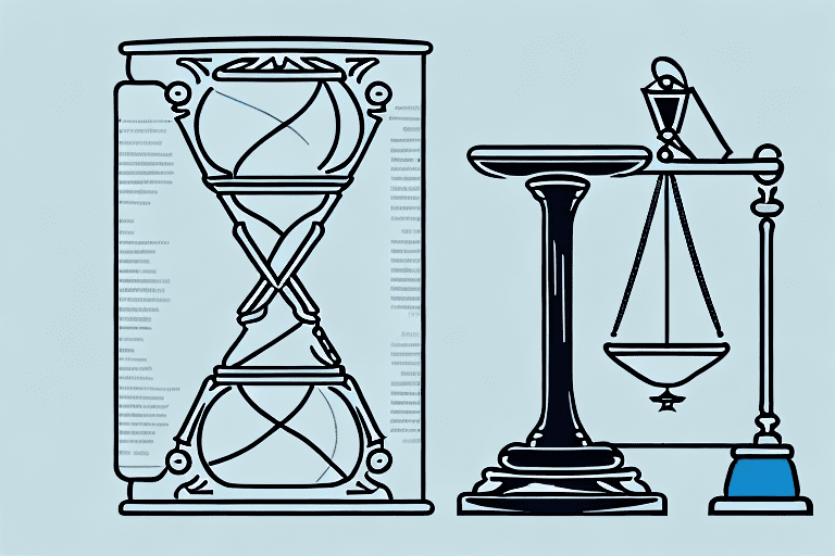 A large hourglass with law books and a gavel inside