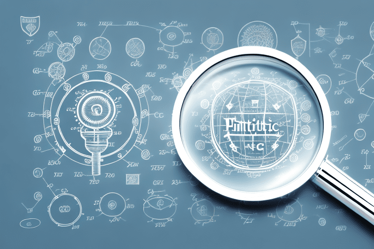 A magnifying glass examining a variety of intellectual property symbols like patent