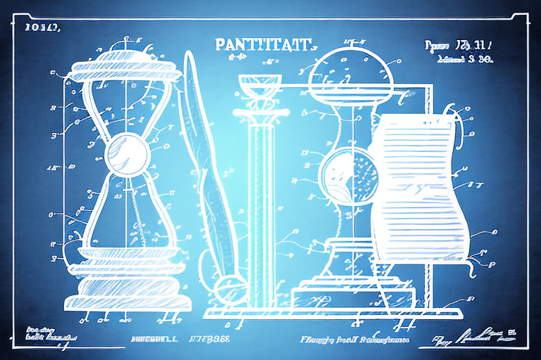 A large hourglass with patent documents and a gavel inside it